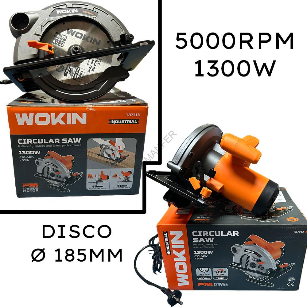 sega circolare wokin 1300w ferramenta framanfer sarno Da 5.000 giri al minuto. Lama da Mm. 185. Profondità di taglio: Mm.65 a 90°, Mm.44 a 45°. Struttura in alluminio pressofuso. Cavo da Mt. 2. Collegamento per aspirazione. In dotazione: guida laterale, chiave e lama TCT a 24 denti.