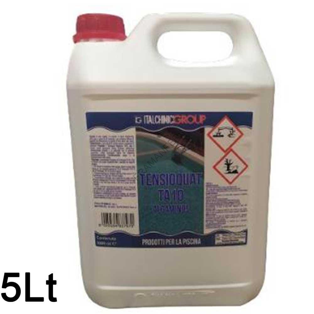 Antialga per piscina 5Litri Tensioquat Ta10 Il tensioquat TA 10 dato il suo grande potere alghicida, battericida e funghicida ha la proprietà di impedire la riproduzione delle alghe e dei batteri; ha un’energica azione igienizzante impedendo contemporaneamente l’intorbidimento delle acque e la ricontaminazione delle stesse. Si usa quando, per ragioni di forti temporali o per un massiccio afflusso di bagnanti la percentuale di cloro attivo nell’acqua diminuisce, c’è il pericolo di una rapida formazione di alghe con conseguente intorbidimento dell’acqua ed un aumento dello sviluppo di batteri. Protezione dell’acqua : 2/5 lt ogni 100 m3 di acqua. Conservazione : 0,75/2 lt ogni 100 m3 per settimana ferramenta framanfer sarno