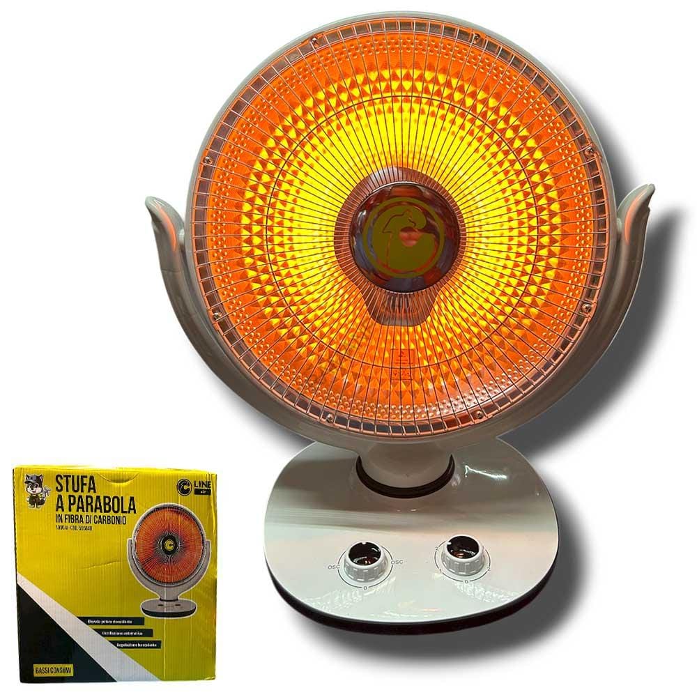 Stufa a parabola da tavolo 1000W in fibra di carbonio, oscillante e a basso consumo. Doppia potenza 400W/1000W per calore rapido ed efficiente. Cline ferramenta framanfer sarno